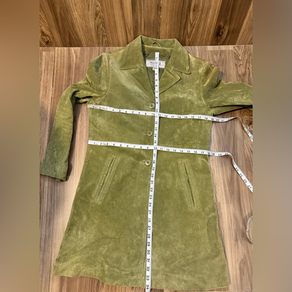 Wilsons Leather Soft Suede Vtg Avocado Green Pockets Lined Button Car Coat M - Picture 12 of 17